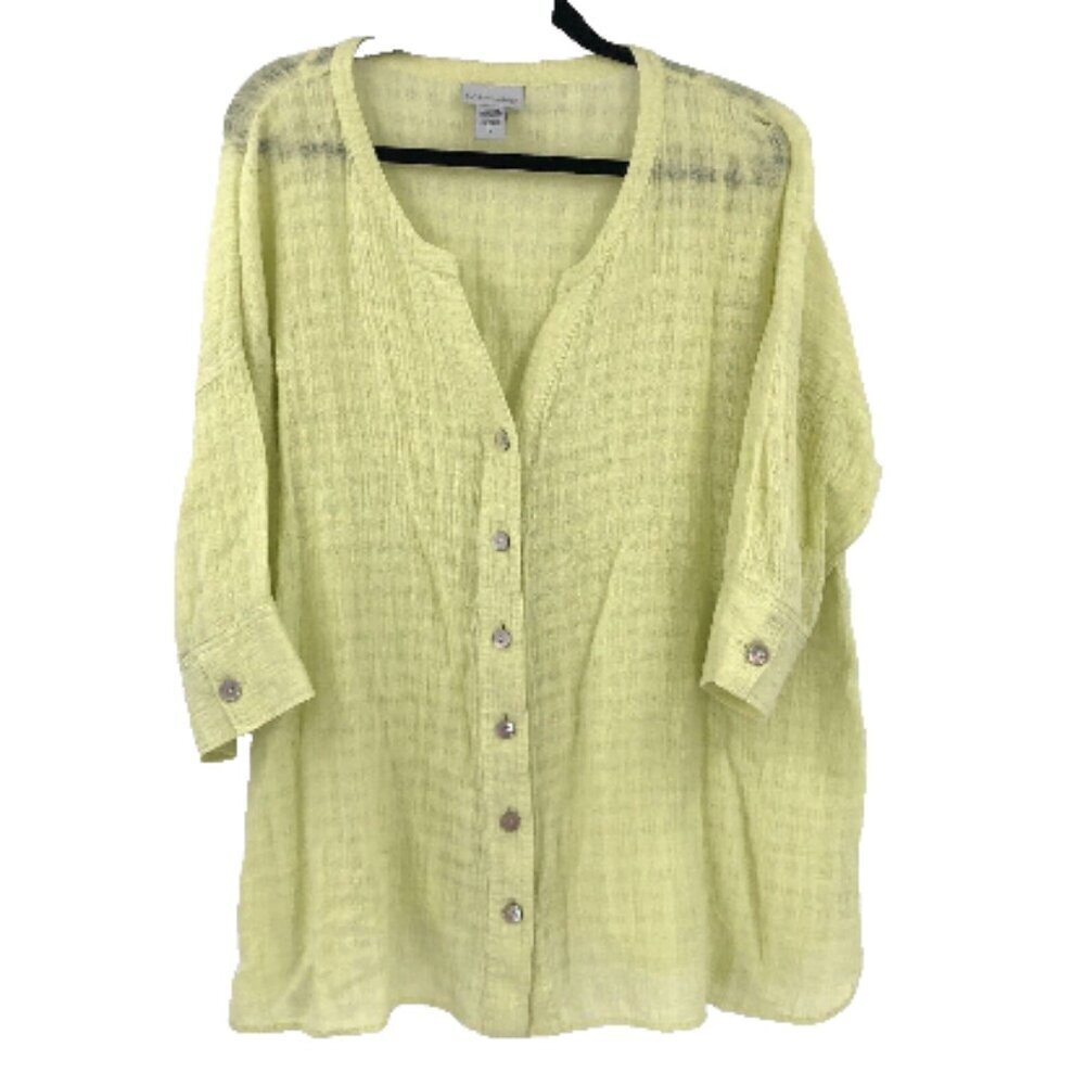 SOFT SURROUNDINGS Blouse Coastal Linen Cotton Yellow Top 3/4 Sleeve Summer Beach